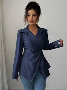 Elenzga Áo sơ mi buộc dây màu trơn đa năng dành cho nữ khi đi làm - Màu xanh hải quân - Xem 4