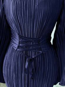 Elenzga 标准尺寸女式纯色圆领系带休闲喇叭袖长裙 - 藏蓝色 - 查看 6