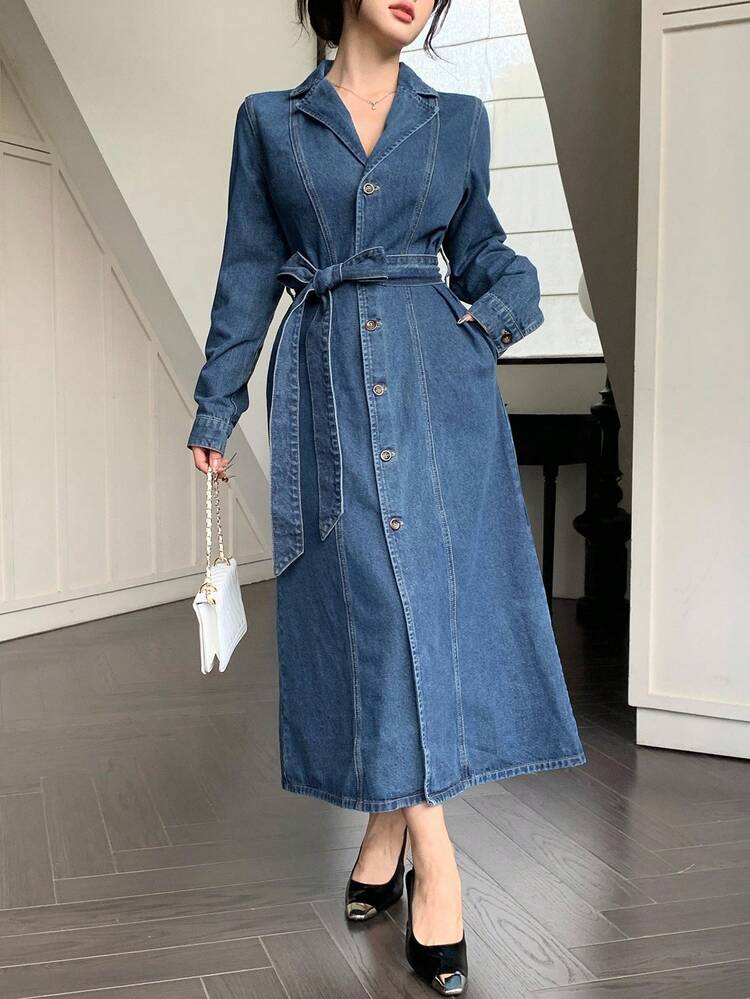 Women's Lapel Belt Decor Long Sleeve Open Front Long Casual Elegant Denim Dress