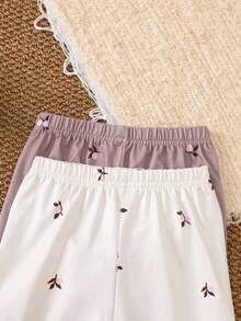 SHEIN 2 件婴儿/幼儿女孩花卉长袖上衣和裤子套装，带荷叶边领，秋冬