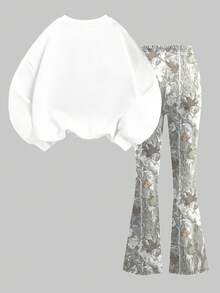 SHEIN Leap Crew 秋季迷彩树枝树叶图案，运动数字98印花，复古甜美美式校园风格，网眼淑女，城市漫步街头风，休闲校园运动，少女针织圆领字母图案宽松卫衣和喇叭裤两件套，复古街头风，轻松舒适，儿童秋季叠穿，2000年代风格，Y2K服饰，冬装，运动服 - 彩色 - 查看 3