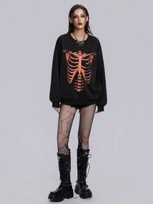 Breakform 女士时尚深色哥特式万圣节骷髅印花圆领落肩宽松休闲运动衫 - 黑色 - 查看 1