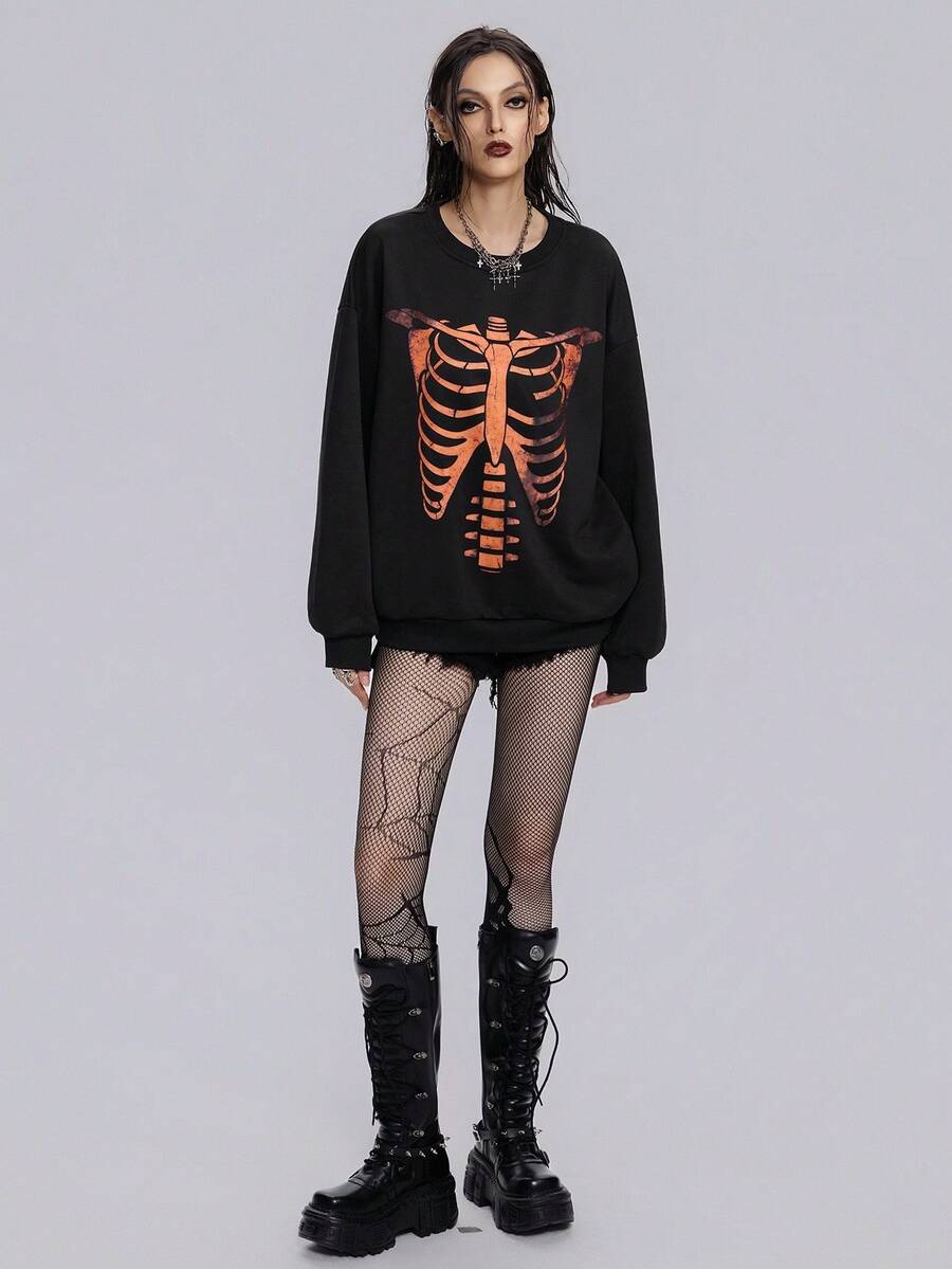 Breakform 女士时尚深色哥特式万圣节骷髅印花圆领落肩宽松休闲运动衫 - 黑色 - 查看 1