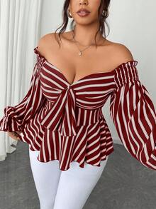 Elenzga Plus-Size Long-Sleeved Fashionable Casual Vacation Off-Shoulder Commuting Bow Christmas Red New Year Party Shirt - Burgundy - View 1