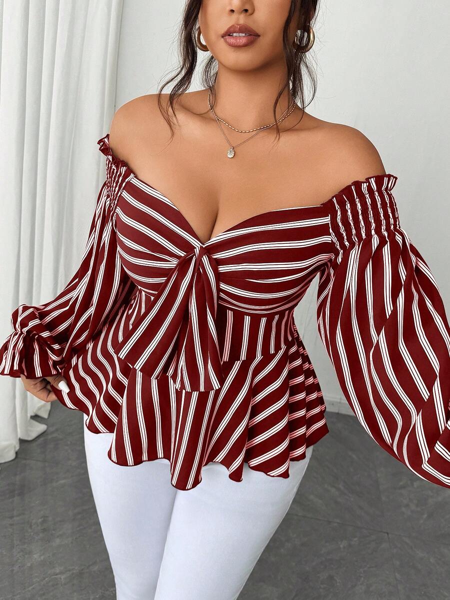 Elenzga Plus-Size Long-Sleeved Fashionable Casual Vacation Off-Shoulder Commuting Bow Christmas Red New Year Party Shirt - Burgundy - View 1