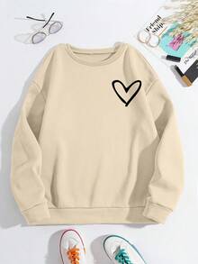 SHEIN Women Plus Size Heart & Letter Print Crew Neck Long Sleeve Sweatshirt - Apricot - View 3