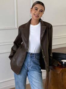 Livesso 女士宽松翻领常规款夹克，秋季女士皮夹克外套 - 棕色 - 查看 6