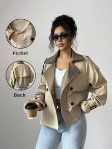 Selianne Women's Elegant Casual Commuter Khaki Patchwork Olive Green Lapel Double-Breasted Pocket Design Sleeve Decorative Short Loose Casual Jacket Windbreaker Fall Winter Cloth For Women - Khaki - View 1