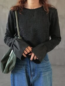 FRIFUL 女士圆领蕾丝拼接宽松喇叭袖透明纯色 T 恤上衣，适合外出，秋季 - 黑色 - 查看 6