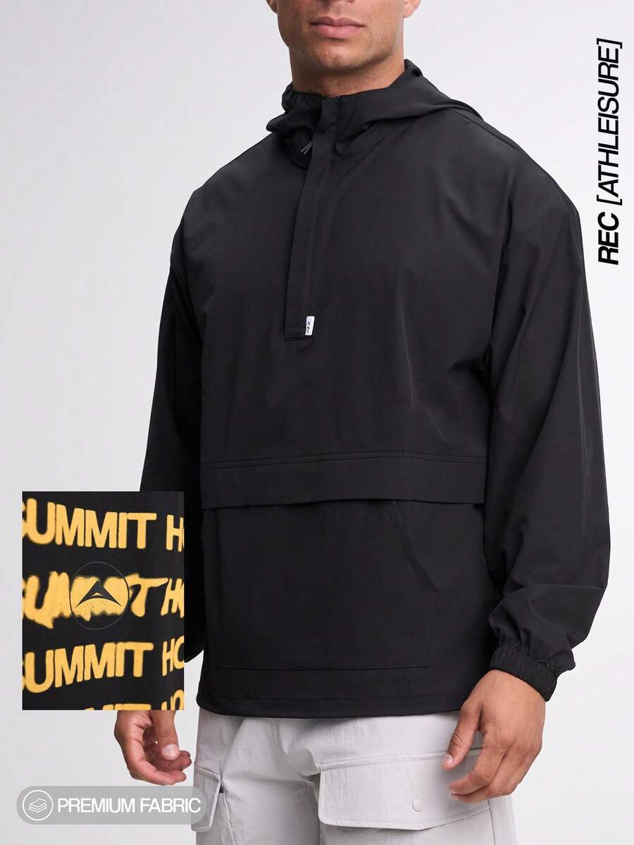 Chaqueta con capucha casual de manga larga con cremallera y media cartera con estampado de eslogan para hombre en otoño - Negro - Ver 1