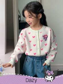 DAZY HELLO KITTY AND FRIENDS | SHEIN 少女心形图案前扣开衫，秋冬 - 米色 - 查看 7