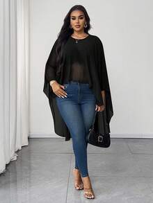 Maweii Plus Size Elegant Commuter Solid Color Asymmetric Hem Cape Blouse - Black - View 5