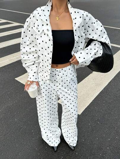 Muchica 2025 Fall Women's Polka Dot Print  Casual Long Sleeve Zip Front Jacket And Shorts Casual Loose 2 Pieces Set Polka Dot Outfit Short Set Y2K Clothes 2000s Style Streetwear, Grunge And Punk Chic, Spring/Autumn Cozy Season