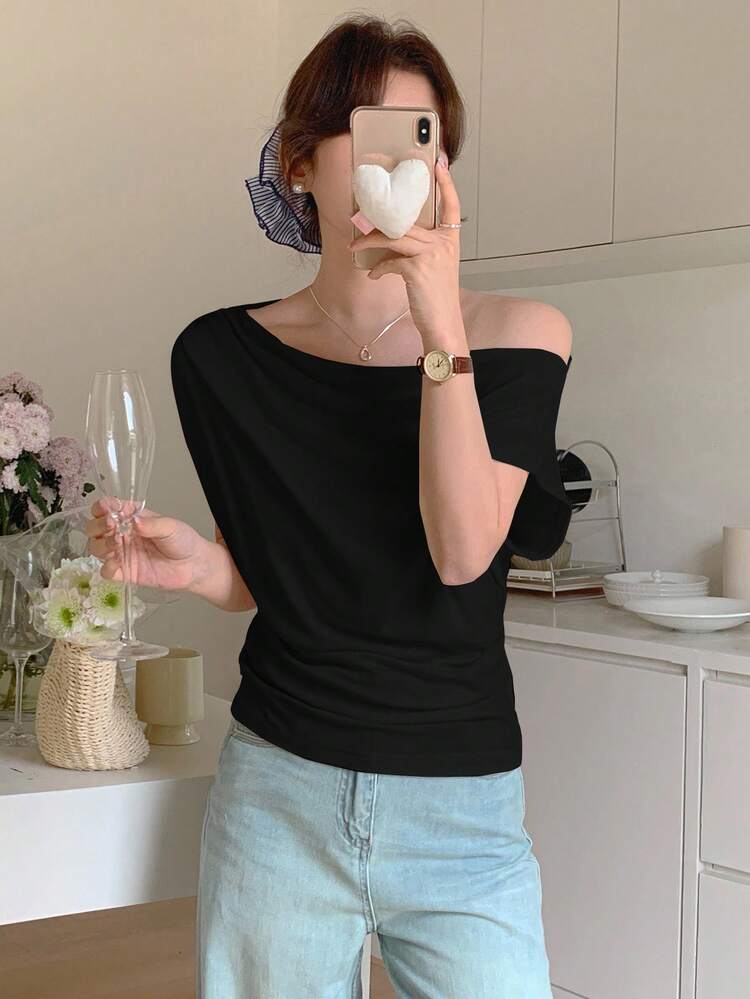 Women Ruched One Shoulder Solid Color Casual Short Sleeve T-Shirt,Off Shoulder Top