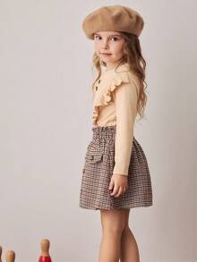 PrepCrw Conjunto de camiseta con cuello de volantes y falda a cuadros, estilo escolar para niñas jóvenes - Multicolor - Ver 4