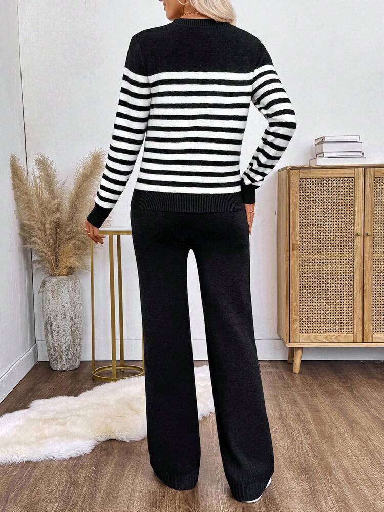 2pcs/Set Women Casual Loose Contrast Stripe Thermal Lined Pullover Sweater Set, Comfortable & Warm For Autumn/Winter Women's Sweater Women's Winter Sweater Long Sleeve Sweaters Fall Sweaters Two Pieces Set Women