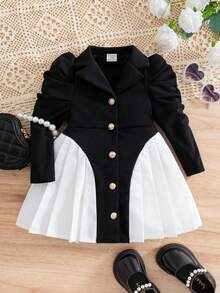 SHEIN Babygirl Infant Newborn Girl Fashion Design Cute Baby Girl Color Matching Leg Of Mutton Sleeve Single-Breasted Pleated Hem Fashion Dress, Leg Of Mutton Sleeve Black Dress, Fashionable Dress, Soft Fabric Cares For Baby's Skin, Is The First Choice For Mothers Shopping, Fashionable Design Cutting-Edge Fashion Design Can Be Worn Indoors And Outdoors, Simple Style, Suitable For Indoors, Outdoors, Daily, Sports, Play, Parties, Photo Shoots, Vacations, Festivals - Multicolor - View 2