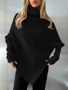 Aloruh Women's New Off-Shoulder Wrap Extra Long Sweater, Milky White, Autumn/Winter,Fall,Black Top - Black - View 5