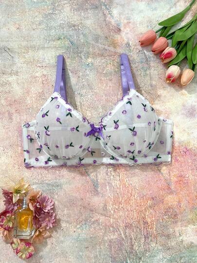 FloralLove Sujetador de copa 3/4 talla grande con aros de acero, bordado, decoración de lazo, transparente, floral, estilo romántico campestre, color lila claro