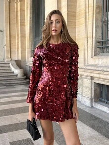 SHEIN PariChic Vestido de mujer con lentejuelas, espalda descubierta, lazo en el bajo y mangas acampanadas, vestido de invierno para mujer, vestido para cita nocturna, vestido para eventos de boda, disfraz de Halloween - Burdeos - Ver 4