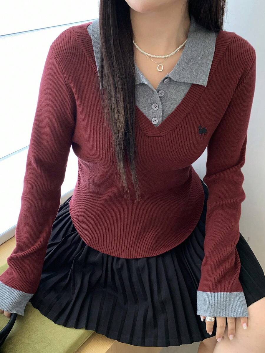 Dazy Plus 圣诞节和新年拼色衬衫领二合一休闲大码女式刺绣图案时尚秋季套头毛衣 - 紅色 - 查看 1