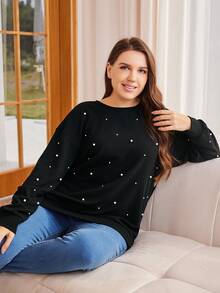 SHEIN LUNE Plus Drop Shoulder Faux Pearl Beaded Pullover Sweatshirt Winter Fall Autumn - Black - View 5