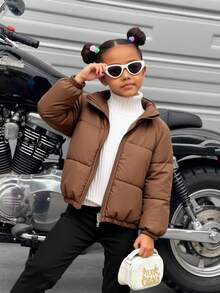 SHEIN Sparklyn Girls' Casual Minimalist Stand Collar Long Sleeve Short Loose Solid Color Fleece Padded Padded Coat, Autumn/Winter, Coffee Color Fall