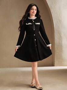 SHEIN 青少年女孩优雅复古荷叶边领扣前系带蝴蝶结装饰黑色长袖贴身迷你连衣裙，搭配秋冬夹克 - 黑色 - 查看 1