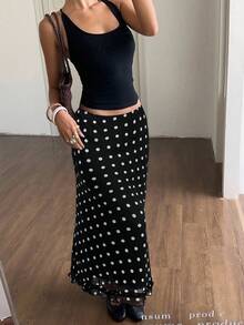 SHEIN EZwear Polka Dot Print Elegant Slim Fit Midi Skirt, Suitable For Commuting Polka Dot Skirt Maxi Skirt Black And White Polka Dot Skirt Polkadot Skirt Black And White Skirt Black Polka Dot Skirt Long Polka Dot Skirt Black Skirt Black And White Polkadot Skirt Polka Dot Long Skirt Black Maxi Skirt