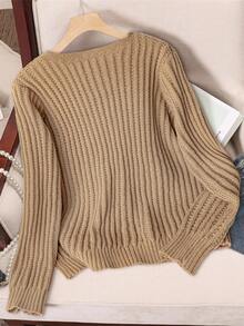 Franclia Khaki Autumn V-Neck Twist Rope Metal Button Casual Sweater,European & American Blogger Style Fall Winter Elegant Office Commuting Urban Professional - Khaki - View 2