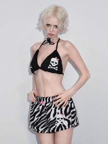 J-Fashion Bộ 2 thú nhồi bông thêu hình bộ xương Halloween tối màu, họa tiết ngựa vằn, nơ cho nữ - Đen và trắng - Xem 3