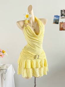 Soleia Women's Holiday Soft Yellow Textured Knit Draped Neck Metal Decor Shoulder Strap Swing Hem Double Layer Metal Button Closure Fitted Mini Dress, Sexy Slim Fit Fashion For Party, Date, Valentine's Day, Western, Cruise, Holiday, Beach, Music Festival, Boho Vacation Butter Yellow Dress Yellow Mini Dress Love And Lemonade Dress Yellow Vacation Dress Yellow Dress Summer Love And Lemonade Dresses Halter Neck Dress For Woman Yellow Sundress Women Yellow Halter Dress - Light Yellow - View 6