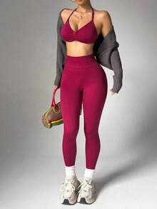 Dewbera Women's Halter Backless Bodycon Binding Leg 2 Pieces Activewear Set Workout Sets - Burgundy - View 2