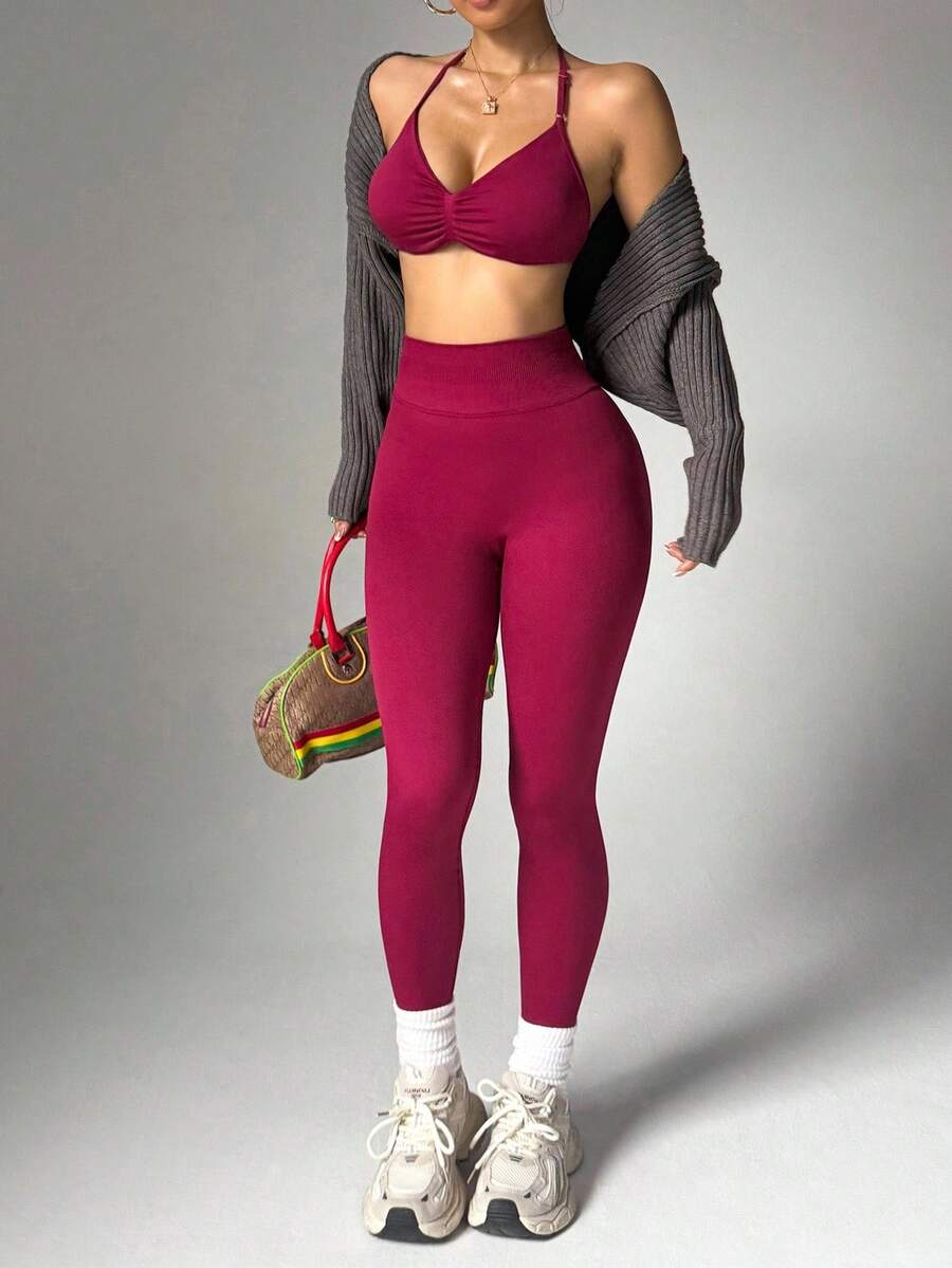 Dewbera Women's Halter Backless Bodycon Binding Leg 2 Pieces Activewear Set Workout Sets
