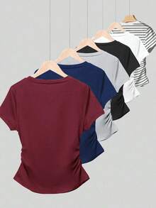 6pcs Women's Casual Everyday Pleated Waist Short Sleeve T-Shirts, Versatile - Burgundy - View 2