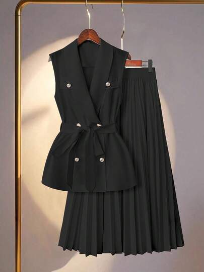 GlowEve CURVE 大码优雅通勤纯色背心和百褶裙套装