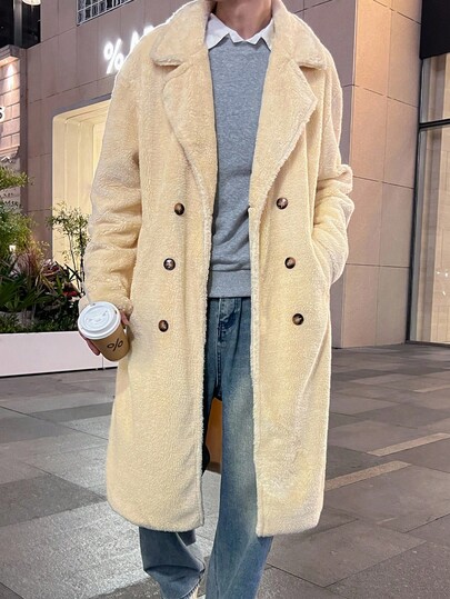 Manfinity Hypemode Men's Casual Versatile Solid Color Double-Breasted Overcoat, Autumn/Winter Cream Men Long Coat