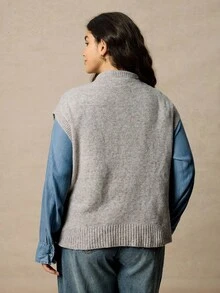 Juhart 大码女式扭绳V领休闲百搭针织背心，秋冬 - 卡其色 - 查看 2