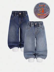 SHEIN 2件套女婴深蓝色和浅蓝色牛仔保暖宽松裤，适合秋冬季节穿着。 - 彩色 - 查看 1