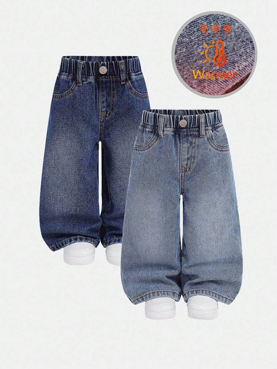 SHEIN 2件套女婴深蓝色和浅蓝色牛仔保暖宽松裤，适合秋冬季节穿着。 - 彩色 - 查看 1