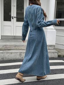 Livesso 女式秋季圆领收腰泡泡袖牛仔连衣裙 - 藍色 - 查看 2
