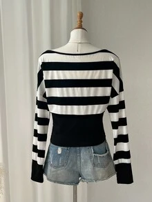 Comfortcana Women's Striped Round Neck Drop Shoulder Long Sleeve Casual Waist Fitted T-Shirt - Black - View 2