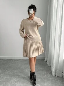Elenzga Solid Color Crew Neck Knit Top + Pleated Skirt Minimalist Plus Size Sweater Dress Set - Khaki - View 7