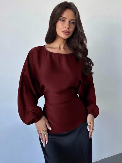Firerie Damny elegant romantisk casual urban pendling elegant mode mångsidig lila röd rund hals fladdermus långärmad knytning i midjan X-formad blus med normal passform, lämplig för lärare, höstoutfit