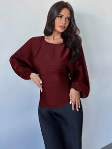 Firerie 女士新款优雅浪漫休闲都市通勤百搭圆领蝙蝠袖长袖衬衫，适合教师穿着，秋季红色上衣 - 酒紅色 - 查看 5