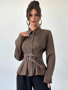 Firerie Women's Coffee Color Lapel Front Double-Breasted Loose Waist Open Cardigan Blouse, Fashion Shirt Top, Daily Commute Long Sleeve Shirt, Commute, Elegant, Work Attire - Coffee Brown - View 4