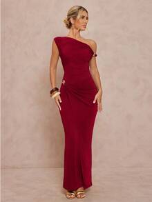Lumalex Asymmetric Shoulder Exposed Shoulder Metal Decor Waist Fitted Dress For Women - Red - View 3