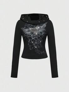 ROMWE Grunge Punk Sudadera con capucha de manga larga con gráfico de alas, vid y corazón de estilo vintage Y2K PUNK con strass - Negro - Ver 1