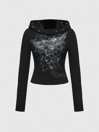 Grunge Punk Felpa con cappuccio a maniche lunghe con grafica vintage di ali, vite e cuore in stile punk con strass