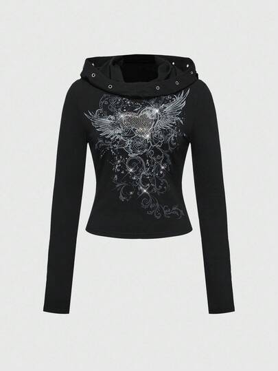 Grunge Punk Vintage Y2K Wing & Vine Heart PUNK Rhinestone Graphic Hoodie Long Sleeve T-Shirt